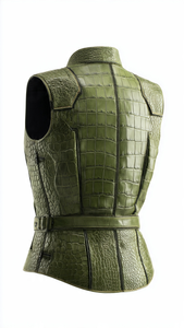 เสื้อกั๊กหนังลายนูนสีเขียวสำหรับผู้หญิง คอวี ปิดด้วยซิป - Product Image 6