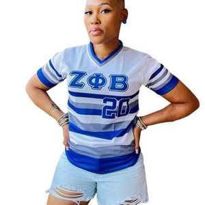 Camiseta Deportiva de Béisbol a Rayas Zeta Phi Beta para Mujer, Azul y Blanco, Sublimada, de Poliéster, Manga Corta, Estilo Casual y Atlético - Product Image 3