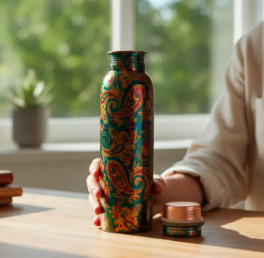 <b>Hot</b> Selling Pure Copper <b>Water</b> <b>Bottle</b> Printed Floral Artwork Metal Jointless Flask Ayurvedic <b>Water</b> Vessel Outdoor Yoga Fitness - Product Image 6
