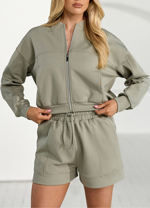 Ensemble d'été pour femme Dusky Sage : veste bomber courte et short, ensemble 2 pièces d'été pour femme, fermeture éclair intégrale, coutures surélevées, ensemble short pour femme - Product Image 3