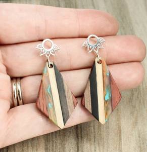 Pendientes Colgantes Geométricos de Plata de Ley con Turquesa y Detalles de Resina de Madera, Joyería Minimalista Hecha a Mano, Proveedor Mayorista - Product Image 3