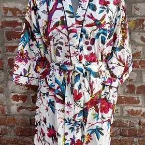 Handmade Long Cotton <b>Kimono</b> Dress with Bird Print Breathable Bath Robes and <b>Beach</b> Cover-up Drawstring Closure for All Seasons - Product Image 1