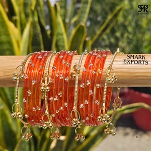 Stylish Handmade Orange Kashmiri Bangle Set with Ghungroo Traditional Ethnic Gold Plated 16-Piece Jewelry for Women - Product Image 5