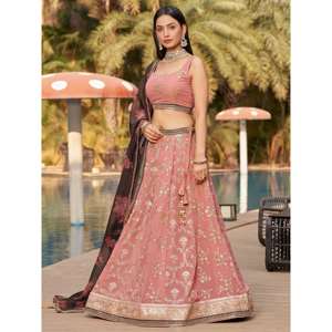 Increíble Lehenga Choli de Georgette Rosa Bordada, Semi-Confeccionada, para Bodas, de Zeel Clothing - Product Image 5