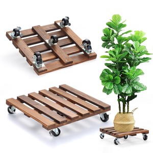 Acacia Wood Mobile Plant Cart with Wheels - Handcrafted Wooden <b>Planter</b> Stand Wholesale - Product Image 2