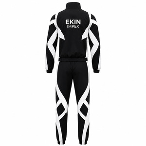 Ekin Impex Men's Black <b>White</b> Geometric Tracksuit Set Full Zip Jacket <b>Jogger</b> Pants Wear Sporty Autumn Knitted Polyester - Product Image 2