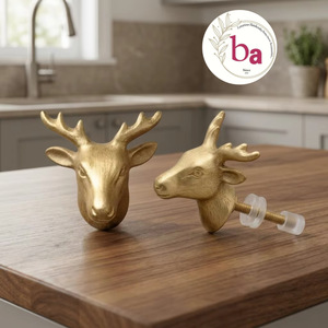 Brushed <b>Gold</b> Cast Iron Deer Head Cabinet Knob Adjustable Durable Rustic Furniture <b>Handle</b> for Kitchen Easy Installation - Product Image 1