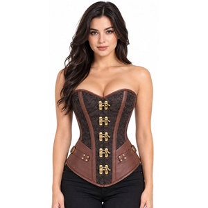 Brown Leather <b>Corset</b> With Gold Hooks And Eye Closure Front Back <b>Lace</b>-<b>Up</b> Design Women Shapewear Firm Control - Product Image 2