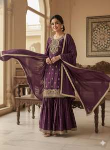 Ensemble haut de gamme Sharara Dupatta GMY en soie avec broderie de sequins - Product Image 2