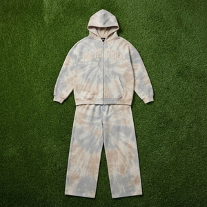 ชุดเซ็ตฮู้ดดี้ซิปสีเบจเทาแบบ Tie Dye พร้อมกางเกงขายาวทรงกว้าง  ตกแต่งด้วยลายปัก สไตล์สตรีทแวร์  รับผลิตแบบ OEM ODM - Product Image 6