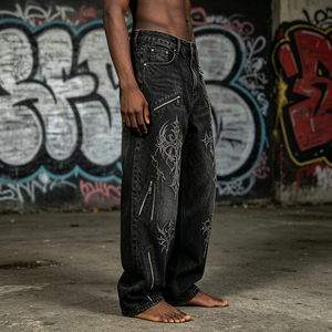 Jean baggy noir délavé en denim gothique avec broderie croisée et fermeture éclair pour le streetwear - Product Image 2