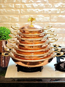 Marmite en cuivre martelé avec couvercle, double poignée, design chinois traditionnel, compatible four, gaz et induction - Product Image 5