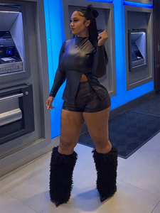 Fashion Custom Logo Summer 2 Piece <b>Pants</b> Set PU Leather Clubwear Bodycon Women Short Sleeve Crop Top Outfits Shorts Sets Women - Product Image 2