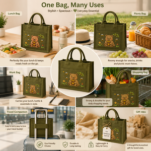 <b>Cute</b> Cartoon <b>Bear</b> Jute Lunch Bag With Top Handle 24x13x20cm Green Daily Use Tote - Product Image 4