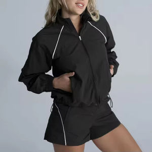 Ensemble de shorts sportifs 2 pièces pour femmes, manches longues, fermeture éclair, col montant, séchage rapide, coupe régulière, printemps été, tricoté en polyester - Product Image 4