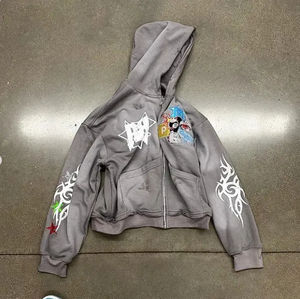 OEM Wholesale Street <b>Gothic</b> Punk Hip Hop Zipper Embroideries Men's Hoodie 500GSM Full-Zip Hoodie Acid Wash Distressed <b>Hoodies</b> - Product Image 3