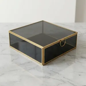 Artisan Design Square Black <b>Glass</b> <b>Jewelry</b> <b>Box</b> Brass/<b>Glass</b> Frame Gold Accents Necklace Cosmetic Storage for Elegant Organization - Product Image 3