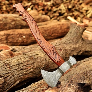 A&M ENTERPRISES Handmade Damascus Steel Camping <b>Axe</b> Hand Carved Feather Design Rosewood <b>Handle</b> Matching Leather Sheath knives - Product Image 5