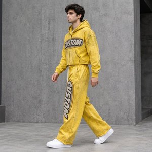 Premium Men's 480GSM Cotton Blend Tracksuit Acid Wash Rhinestone Chenille <b>Hoodie</b> Wide Leg Sweatpants Wholesale Apparel - Product Image 2