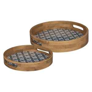 Plateaux décoratifs ronds en bois avec motif géométrique, 2 pièces, design moderne avec poignée, plateau de service décoratif en bois - Product Image 1