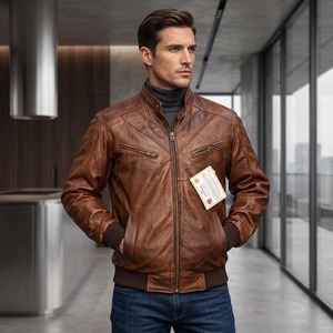 Veste en cuir d'agneau véritable marron pour homme, doublure matelassée pleine fleur, vêtement d'extérieur décontracté pour l'hiver - Product Image 4