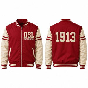 เสื้อแจ็คเก็ตวาร์ซิตี้ Delta Sigma Theta สำหรับผู้ชาย สีแดงเข้ม ปักลาย 1913 สไตล์ Preppy แบบซิปด้านหน้า - Product Image 1
