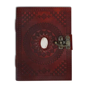 Organisateur de journal artisanal en cuir véritable vintage, motif chakra en pierre blanche et bleue gaufré, 7x5 pouces - Product Image 3