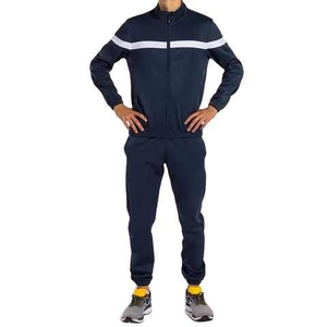Men's Navy Blue Polyester Tracksuit Full <b>Zip</b> <b>Hooded</b> Sporty Jogging Set With White Stripe Design Breathable Regular Fit Autumn - Product Image 1