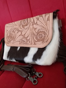 Western Cowhide Hair Unisex Sling Bag Hand Tooled Floral <b>Solitaire</b> Design 20-36L Waterproof Anti-Theft Ready to ship - Product Image 4