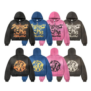Sweat à capuche oversize pour homme, style streetwear, imprimé graffiti effet peinture, fermeture éclair frontale, coupe droite, en coton tricoté, style automne - Product Image 1