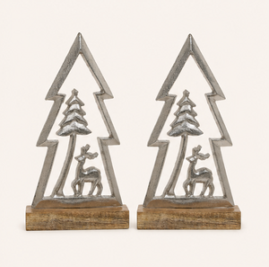 Handmade Premium Silver Metal Christmas <b>Tree</b> Sculpture with Reindeer On Natural Mango Wood Base For Modern Home And <b>Tabletop</b> - Product Image 3