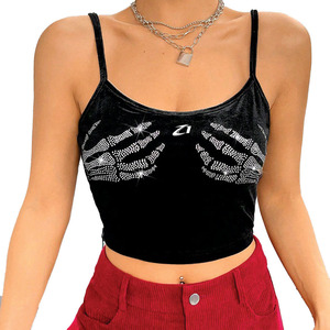 Trendy Custom Street style Women Rhinestones Skeleton-Hand Crop Custom Soft Cotton Spaghetti Strap Streetwear <b>Top</b> Women's shirt - Product Image 1