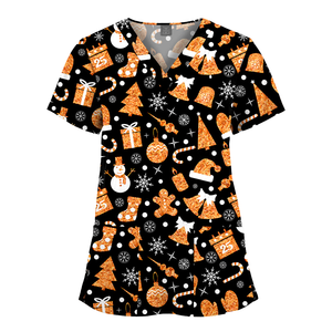 Nouveaux Blouses de Travail Unisexe en Polyester Élastique Imprimé pour Spa, Bain, Infirmière, Uniforme Européen/Américain Grande Taille Col en V Motif Floral Dessin Animé - Product Image 2