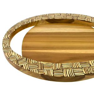 Bandeja Redonda Bohemia de Madera de Teca de 40 cm con Incrustaciones Abstractas de Cáscara de Coco, Bandeja de Servicio Natural para Bodas, Cumpleaños, Mesa de Comedor, Bali - Product Image 1