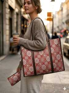 กระเป๋าโท้ทผ้าแจ็คการ์ดสีแดงเลือดหมูพรีเมียม พร้อมกระเป๋าใบเล็กเข้าชุด กันน้ำ มีซิป พกพาสะดวก กระเป๋าสะพายไหล่แบบเรียบ - Product Image 2