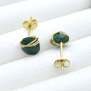 <b>Emerald</b> Gemstone <b>Stud</b> Earrings | Wire Wrapped Oval Green Stone 8–10mm | May Birthstone Gift - Product Image 5