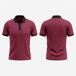 เสื้อโปโลผู้ชายสีแดงเลือดหมูลายจุดสีดำ ขอบสีดำเรียบหรู แขนสั้น ผ้าฝ้ายลำลอง สำหรับเล่นกอล์ฟ ดีไซน์เสื้อฤดูร้อน - Product Image 1