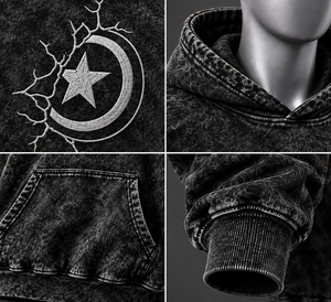Sudadera con Capucha Negra para Hombre, Lavado Ácido, con Gráfico de Estrella Personalizado, Estilo Oversize, Urbana, Informal, de Forro Polar, OEM - Product Image 4
