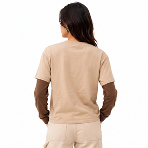 Camiseta de mujer con cuello redondo, doble capa, 100% algodón, ajuste holgado, manga larga, estampado puff, doble manga - Product Image 2