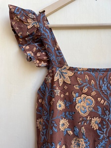 Robe longue en coton indien imprimé à la main, 100% coton, avec broderie florale, col carré, tunique pour femmes - Product Image 4