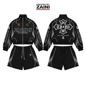 Mens Winter Casual 300 Grams Polyester Taslon <b>Windbreaker</b> Short Set <b>Black</b> White Contrast Panel Silk Screen Printing Embroidery - Product Image 1