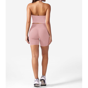 <b>Women</b> Seamless Halter Crop <b>Top</b> Solid Color Yoga Activewear Set <b>Pink</b> Spandex Polyester High Waist Shorts - Product Image 3