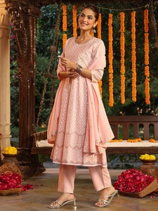 Ensemble Anarkali Premium pour Femme, Rose Pêche Pastel, Col Rond, Manches Trois-Quarts, Pantalon et Dupatta, Tenue Ethnique pour Invitée de Mariage - Product Image 4