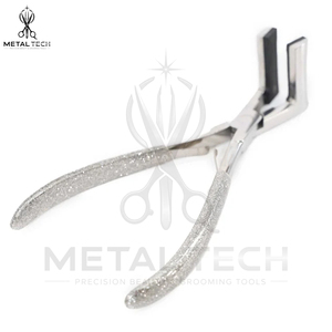 Pince à presser pour extensions de cheveux en argent poli, cadre en métal massif, mâchoires en silicone noir, poignée recouverte de paillettes - Product Image 4