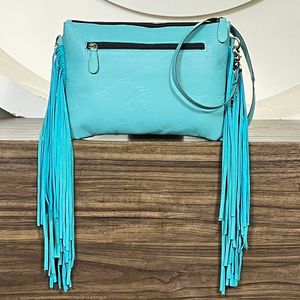 March Expo Cowhide Leather Crossbody Shoulder <b>Bags</b> With Fringes New Style Tooled Turquoise Leather Women's Purse <b>Gift</b> for Her - Product Image 6