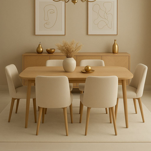 Elegante Juego de Comedor Moderno y Minimalista de Madera con Sillas Tapizadas en Crema - Product Image 1