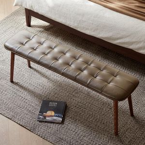 Tavolo da pranzo in legno di quercia naturale marrone con cuscino in pelle per soggiorno o camera da letto - Product Image 4