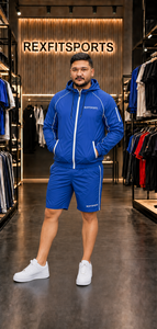REXFIT SPORTS 2026 Ensemble court personnalisé en nylon bleu roi pour homme, veste coupe-vent à capuche et short, ensemble de vêtements de sport deux pièces, logo personnalisé - Product Image 4