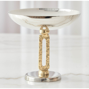 Cuenco de Pedestal de Acero Inoxidable Pulido Plateado con Base Texturizada Dorada, Plato Moderno Hecho a Mano para Compota, Lujoso Centro de Mesa para Bodas - Product Image 1