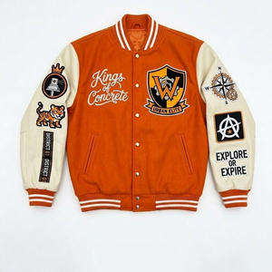 Chaqueta Varsity Kings of Concrete para Hombre, Diseño de Parches en Naranja y Crema, Estilo Urbano, Bordado, Corte Regular, Cuello Camisero - Product Image 1